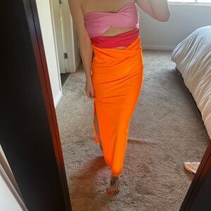 Pink and Orange shiny Two-Piece strapless Dress